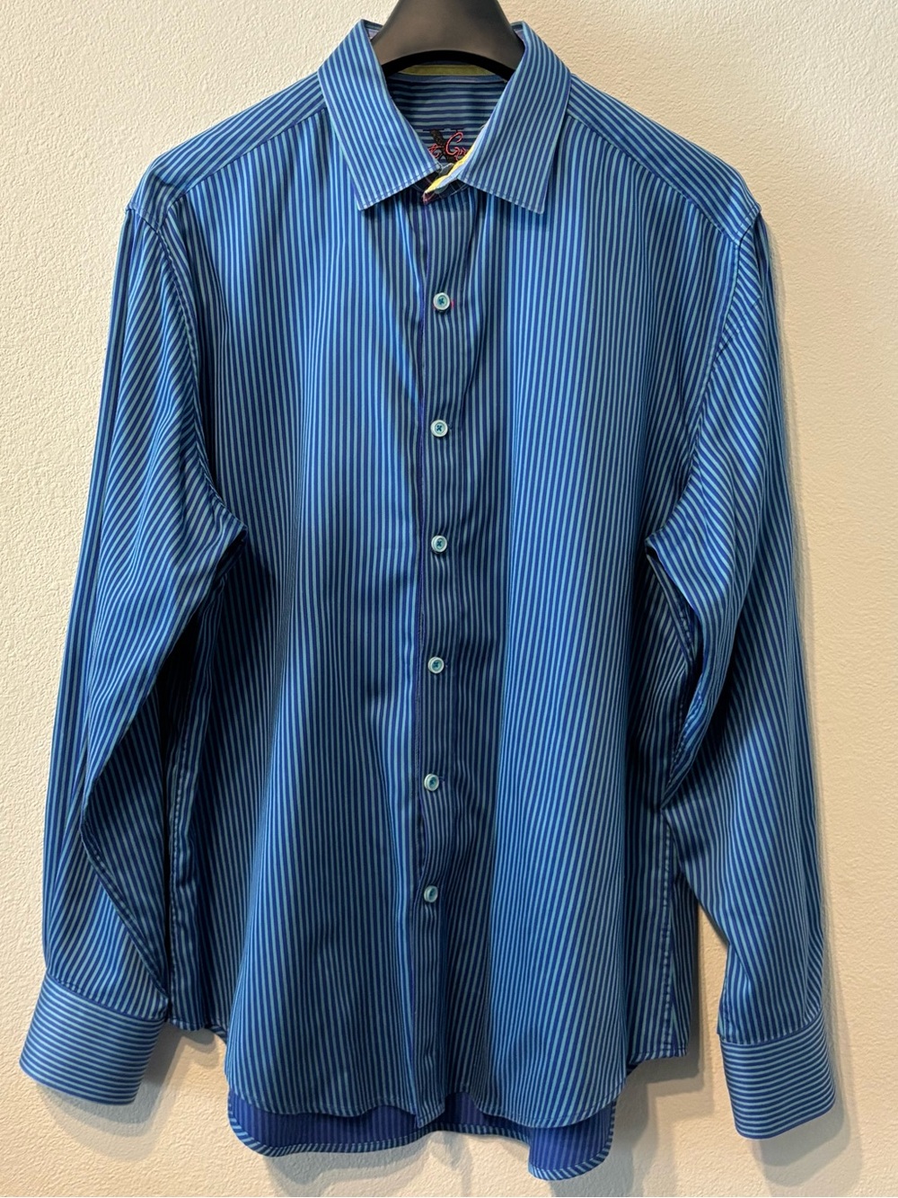 Robert Graham X Men’s Blue Striped Tailored Fit Dress Shirt Plaid Size L